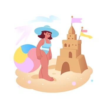 A small figure of "Polly Pocket" is standing on a tiny beach, surrounded by fine grains of sand. She is wearing a colorful swimsuit and a wide-brimmed hat. Next to her is a vibrant "beach ball" with bright colors. In the background, there is a meticulously crafted "sandcastle" with various towers and flags. The scene is filled with warm, golden sunlight, creating a cheerful atmosphere.