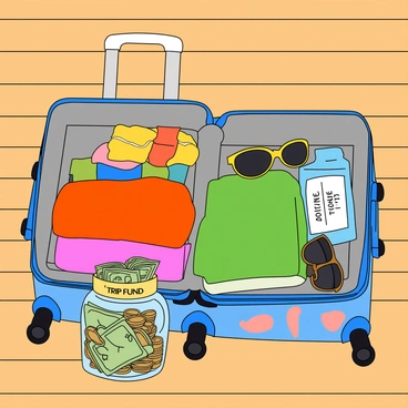 A large, open suitcase with a colorful design, showcasing various travel gear neatly packed inside. There are a few rolled-up clothes in bright colors, a pair of sunglasses, a travel guidebook, and a small toiletry bag. Beside the suitcase, there is a glass savings jar filled with coins and a few dollar bills, topped with a handwritten label that says "Trip Fund." The background features a wooden floor that adds warmth to the scene.