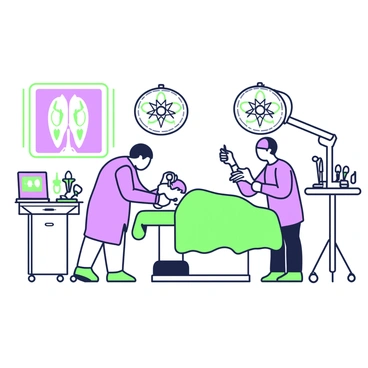 A detailed surgical theater is depicted with various elements essential for the surgical procedure. In the center, a patient is lying on an operating table, covered with a green surgical drape. Surrounding the table, a team of surgeons is focused on the task at hand. One surgeon is holding a scalpel, preparing to make an incision on the shoulder area. Another surgeon is positioned near the patient's head, monitoring vital signs on a green and purple display. 

In the background, various surgical instruments are arranged neatly on a nearby tray, each reflecting careful organization. There are forceps, scissors, and sutures, all waiting to be used in the procedure. Overhead, bright surgical lights illuminate the scene, casting clear shadows on the sterile environment. A large monitor displays an anatomical illustration of the shoulder, specifically highlighting the rotator cuff, making the procedure easy to follow.