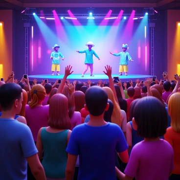 An audience of diverse people enjoying a virtual music concert. The scene is filled with colorful neon lights illuminating the space. Holographic performers appear on stage, showcasing vibrant visuals and dynamic movements. The crowd is engaged, some dancing and others taking photos with their devices. Various expressions of joy and excitement can be seen on the faces of the audience members.