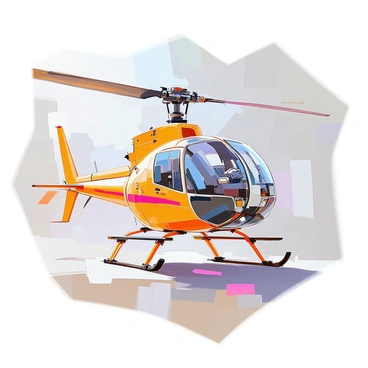 A detailed sketch of a helicopter's rotor head assembly featuring the main rotor hub and blades. The rotor head is depicted with various components, including pitch control rods, swashplate assembly, and a central shaft. The main rotor blades are connected to the hub, showcasing their mechanical linkages. The assembly is shown from a slightly angled perspective to highlight the intricacies of the design and the structural elements. Each part is labeled for clarity, with lines indicating movement and connection points. The background is minimal to emphasize the rotor head assembly.