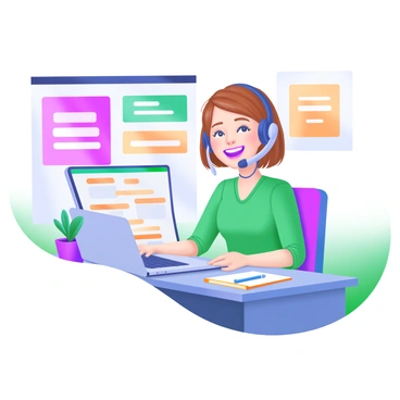 A friendly customer service representative with short brown hair is sitting at a desk while talking on a helpline phone. The representative is wearing a headset and smiling warmly, conveying a sense of approachability. On the desk, there is a laptop displaying customer inquiries, a notepad with a pen, and a small potted plant. Behind the representative, there are colorful posters on the wall depicting customer support slogans. The atmosphere feels inviting and professional.