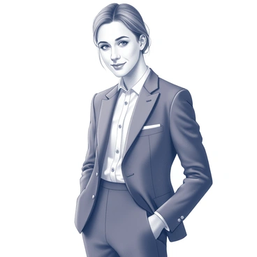 A portrait of a person dressed in an elegant suit. The suit features a fitted jacket and tailored trousers, creating a sophisticated silhouette. The individual has neatly styled hair, enhancing their refined appearance. Their expression is calm and composed, with a gentle smile. The background is softly blurred, drawing attention to the subject's face and attire. The lighting highlights the texture of the fabric and the details of the person's features.