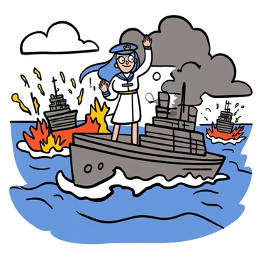 A gesugao ship girl with light skin and long blue hair stands confidently on the deck of a battleship, wearing a naval uniform. She has big eyes reflecting determination as she commands her ship amidst a chaotic naval battle. Explosions and splashes of water surround the battleship, with enemy ships firing in the background. The sky is filled with dark clouds, and the ocean is turbulent with waves crashing against the hull. Her hand is raised, giving instructions to her crew, who are diligently working around her. The scene is filled with action and intensity.