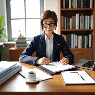 A consultant with short brown hair, wearing glasses and a navy blue blazer, sits at a wooden library desk surrounded by stacks of market research papers. The desk is cluttered with notepads, a laptop, and a cup of coffee. Sunlight streams through a nearby window, illuminating the papers and casting soft shadows across the desk. The consultant is focused, reading a research paper with annotations and notes scattered around. A bookshelf filled with various business books is visible in the background.