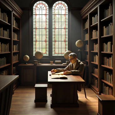 An old library with tall, dark wooden bookshelves filled with numerous ancient books. In the center of the room, a historian with graying hair and glasses sits at a large oak table. He wears a brown tweed jacket and is closely examining a dusty ledger bound in faded leather, dating back to the 1800s. The ledger is open, revealing yellowed pages filled with handwritten text. Rays of soft light filter through a large stained glass window, casting colorful patterns on the wooden floor. There are several globes and antique maps displayed on the walls, enhancing the scholarly atmosphere of the library.