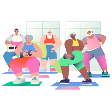 A group of senior individuals is participating in a fitness class, gently performing hip thrusts with small barbells for strength training. Each person is wearing comfortable workout attire, comprised of bright, matching colors. In the foreground, a woman with gray hair is confidently lifting a small barbell, her expression focused and determined. To her right, a man with a white beard is also executing hip thrusts, his posture strong and balanced. The setting is well-lit, with soft natural light streaming in from large windows, casting gentle shadows on the floor. The instructor, a middle-aged woman with short hair, is guiding the class and demonstrating the movement with enthusiasm. Various exercise mats are placed on the floor, creating a vibrant atmosphere of activity and camaraderie.