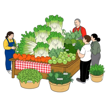 A vibrant market stall filled with an abundance of fresh fennel bulbs, their white and green layers gleaming under the light. The stall is surrounded by an array of aromatic herbs, including sprigs of basil, thyme, and rosemary, each identified by small, colorful labels. There are baskets overflowing with the herbs, adding a variety of green shades to the scene. The wooden stall itself is rustic, with a weathered appearance, and is adorned with a checkered tablecloth. Several customers are interacting, with one examining the fennel closely while another holds a bunch of herbs. Brightly colored produce and flowers are placed around the stall, enhancing the lively atmosphere of the market.