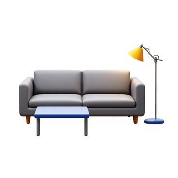 A modern furniture set featuring a "comfortable sofa" with soft cushions and a contemporary design. The set includes a "sleek coffee table" with a glass top and minimalist metal legs. There is also a "stylish lamp" with a unique shape, emitting warm light, placed next to the sofa. The arrangement gives a sense of a cozy living room space.