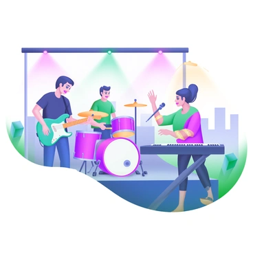 A modern pastel illustration depicting a band performing on stage. The scene features four musicians: a guitarist with a bright blue electric guitar, a drummer with a vibrant red drum set, a keyboardist playing on a sleek black keyboard, and a singer holding a microphone, dressed in a colorful outfit. Each musician displays a focused expression while engaging with their instruments. Spotlights cast colorful beams onto the stage, highlighting the musicians, while a cheering crowd can be seen in soft focus in the background.