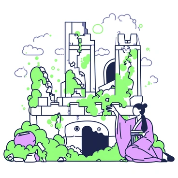 A Shugao figure is kneeling down, carefully examining the intricate stonework of an ancient, moss-covered castle. The figure is adorned with traditional attire, consisting of flowing garments that drape elegantly. Surrounding the Shugao are overgrown vines and patches of vibrant green moss that cling to the weathered stone walls. In the background, tall, crumbling towers rise against a cloudy sky, while some broken archways reveal glimpses of the castle’s former grandeur. Scattered around are remnants of shattered pottery and rusted iron, hinting at a long-lost history.