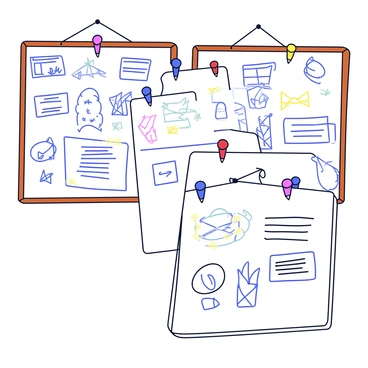 A collection of concept boards arranged on a wall. Each board is filled with various sketches, diagrams, and notes pinned with colorful pushpins. Some sketches depict intricate designs, while others show simple outlines. The notes are handwritten in different colors, some with bullet points and others with scribbled ideas. The boards have a wooden frame and are slightly tilted to suggest they have been recently used.