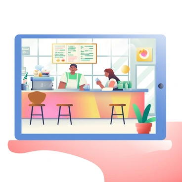 A tablet is placed on a wooden table, displaying a 3D rendering of a trendy café interior. The café features modern furnishings with wooden chairs and a sleek counter. Various potted plants are strategically placed around the space, adding a touch of greenery. The walls are adorned with art pieces, and a menu board hangs above the counter, showcasing various coffee and pastry options. Behind the counter, a barista is skillfully preparing drinks, with steam rising from the espresso machine. Natural light streams through large windows, illuminating the scene.