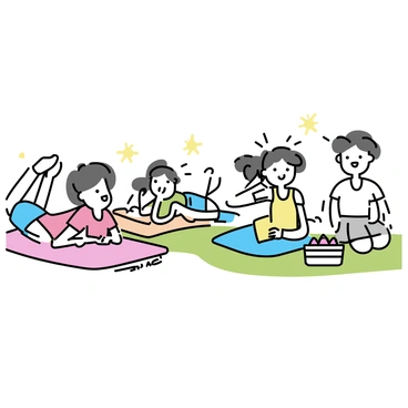 A group of four friends, two men and two women, are at a picnic in a grassy park. They are lying on their stomachs on colorful picnic blankets. One man, wearing a red T-shirt and blue shorts, is demonstrating the "superman" exercise with his arms stretched forward and his legs lifted off the ground. The other friends are laughing, with one woman, in a green tank top and denim shorts, propping herself up on her elbows while giggling. The second woman, in a yellow sundress, is lying next to the man, mimicking the pose with a smile. The second man, wearing a white T-shirt and khaki shorts, is sitting with a playful expression, ready to join in. Bright sunshine is illuminating the scene, and a picnic basket with snacks is visible nearby.