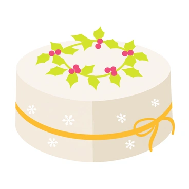 A round festive holiday cake with a smooth white icing covering. The top of the cake features bright green holly leaves and vibrant red berries arranged in a circular pattern. The sides of the cake are adorned with delicate icing snowflakes. A golden ribbon is wrapped around the base of the cake, adding an elegant touch.