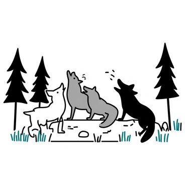 A group of five wolves standing on a rocky outcrop in a dense forest. Each wolf has a unique coat color, including gray, black, and white. They are all facing the same direction, with their heads raised and mouths open as they howl together. Surrounding them are tall, slender trees with dark green foliage, partially obscured by a light mist that drifts between the trunks. The ground is covered in patches of grass and scattered rocks, enhancing the wild atmosphere.