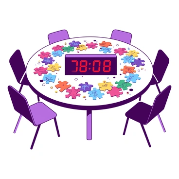 A round table is covered with an array of colorful jigsaw puzzle pieces scattered across its surface. Each piece displays a different design, showcasing vibrant patterns and images. In the center of the table, there is a large digital timer prominently counting down, its red numbers glowing brightly. The timer is set at a lower time limit, creating a sense of urgency. Surrounding the table, there are a few empty chairs, suggesting that players are engaged in an activity.