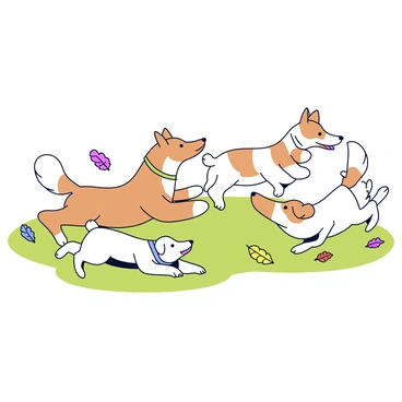 A group of four borzois with flowing, silky fur in shades of white and fawn are gathered together in a grassy area. Two of the borzois are playfully chasing each other, their paws kicking up tufts of grass, while the third borzoi stands with its tail wagging, observing the others. The fourth borzoi lies on the ground, slightly tilted to one side, looking relaxed and content. The sun shines down, casting gentle shadows of the dogs onto the ground. A few colorful leaves surround them, indicating the change of seasons.
