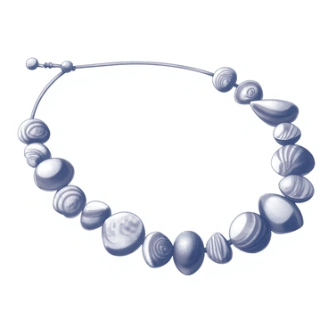 A close-up view of a necklace crafted from an array of tiny shells. The shells vary in shape and size, featuring intricate textures and patterns on their surfaces. Some shells have smooth curves, while others are jagged, creating a beautiful contrast. The necklace is arranged in a circular fashion, with each shell visibly strung together with a thin, delicate thread. The focus is on the craftsmanship of the necklace, highlighting the minute details and variations of the shells. The background is simple, ensuring the necklace remains the focal point of the image.