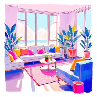 A modular furniture arrangement fills a chic, open-concept living space. The furniture includes a combination of comfortable sofas in a soft gray fabric, accented with colorful throw pillows. A sleek coffee table, made of glass and metal, sits in the center of the seating area. Surrounding the space are tall indoor plants positioned in stylish planters, contributing to a fresh and inviting atmosphere. Large windows allow natural light to pour in, highlighting the minimalist decor and clean lines of the furniture. A decorative rug anchors the seating area, adding warmth to the room.