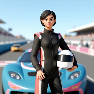 A female racecar driver, wearing a sleek black racing suit with bright red and silver accents, stands confidently at a racetrack. She has short, dark hair peeking out from under a white helmet, which she holds under her right arm. The racecar behind her is a vibrant blue sports car, adorned with sponsor logos and racing stripes. The racetrack is bustling with activity in the background, featuring blurred spectators and other cars in motion. The sky is clear and blue, creating a perfect day for racing.