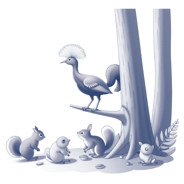 A lyrebird is perched on a low branch of a tree, showcasing its elaborate tail feathers. It is surrounded by several small forest animals, including a curious squirrel with bushy fur, a tiny rabbit with large ears, and a delicate songbird perched nearby. The forest floor is covered with fallen leaves and small ferns, creating a natural setting. Sunlight filters through the canopy, casting intricate shadows on the scene, highlighting the interactions among the animals as they appear engaged in a moment of curiosity and wonder.