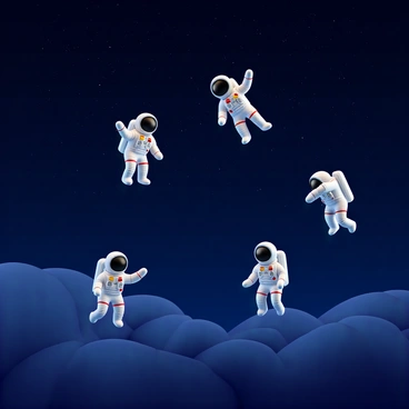 A starry night sky filled with countless twinkling stars scattered across a deep blue backdrop. There are illustrated astronauts in various poses, floating weightlessly among the stars. Each astronaut is wearing a white spacesuit with a reflective visor, and they have different colored patches on their suits. Some astronauts are reaching out towards the stars, while others are gently pushing off from an invisible surface, creating a sense of movement and depth in the scene.