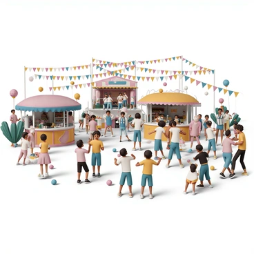 A large outdoor festival scene bustling with activity. In the foreground, several families are engaged in various games, with children laughing and playing ring toss while others are enjoying face painting. Colorful food stalls are scattered throughout the area, with vendors serving a variety of dishes, including hot dogs, cotton candy, and fresh lemonade. Families gather around the food stalls, holding plates of food and drinks. In the background, a stage is set up with performers entertaining the crowd, including a band playing lively music and dancers performing. Brightly colored banners and decorations fill the space, creating a festive atmosphere.