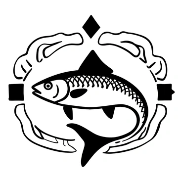 A tarpon with elongated body and distinctive dorsal fin is centered in the composition. The tarpon features detailed scales represented in bold, black lines. Surrounding the fish are geometric patterns typical of Art Deco design, including triangles and zigzags, adding structure to the image. The background consists of stylized waves, created with thick black lines, emphasizing the aquatic theme.