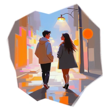 A scene depicting two individuals walking on a dimly lit street at night. The streetlights cast a warm glow, illuminating their faces as they unexpectedly make eye contact. One person has short dark hair and is wearing a light jacket, while the other has long flowing hair dressed in a dark coat. Their expressions reveal surprise and intrigue, creating a moment of connection amidst the quiet night. Shadows are cast on the pavement, enhancing the atmosphere of the night setting.