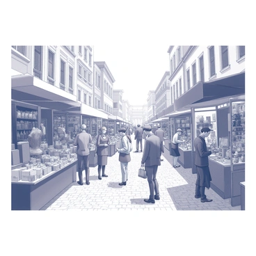 A bustling vintage market scene. The market is filled with various stalls showcasing an assortment of items such as antiques, handmade crafts, and vintage clothing. People of different ages and styles are interacting throughout the market. Some are examining the goods at the stalls, while others are engaged in conversation or carrying bags filled with their purchases. The architecture of the surrounding buildings reflects a historical style, with decorative facades and ornate detailing. The ground is paved with cobblestones, adding to the charm of the setting.