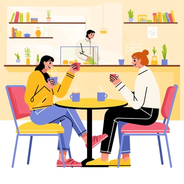 A cozy café interior with warm wooden furniture and soft lighting. A round table is occupied by three friends, two women and one man, engaged in lively conversation. Each friend has a steaming cup of coffee in hand, with decorative latte art visible on the surface. The café walls are lined with shelves filled with books and potted plants. In the background, a barista is seen making coffee behind the counter, and pastries are displayed in a glass case. Soft, colorful cushions are placed on the chairs to enhance comfort.