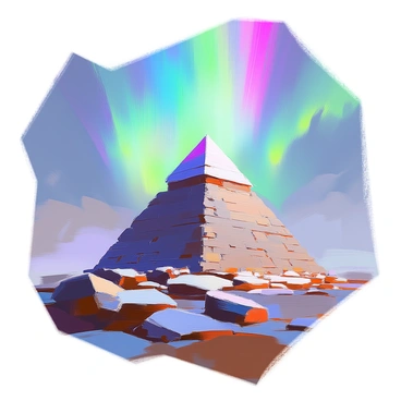 A tall, ancient pyramid rises against the night sky, its stone surface illuminated by the vibrant colors of the aurora borealis. The northern lights swirl above in shades of green, purple, and blue, casting a mystical glow over the landscape. The pyramid's sharp edges contrast with the soft, flowing patterns of the aurora, creating a striking visual interplay. The foreground includes a rocky terrain leading up to the pyramid, and a few scattered stones add texture to the scene.