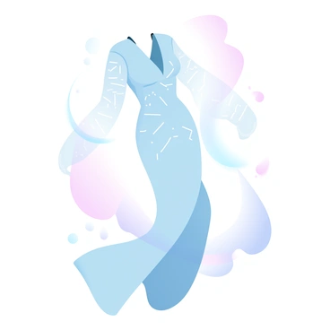 A couture dress features a sleek silhouette with flowing fabric that shimmers in gradient pastel colors. The dress has metallic elements woven throughout, creating a reflective pattern that catches the light. The neckline is elegantly draped, and the sleeves are structured to enhance the modern design. The hem of the dress flows gracefully to the floor, adding a sense of fluidity. Surrounding the dress are delicate, abstract shapes that complement its futuristic aesthetic.