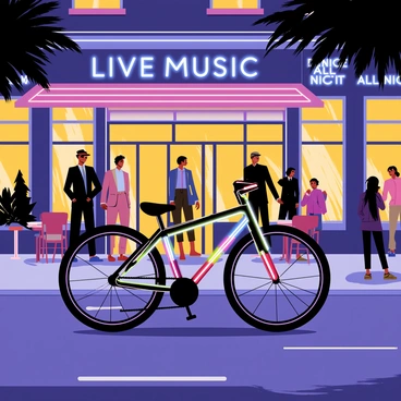 A bike adorned with colorful neon lights is parked beside a bustling night club. The bike has a sleek black frame with vibrant blue, pink, and green lights outlining the wheels and handlebars. The night club features a large entrance flanked by glowing neon signs that read "LIVE MUSIC" and "DANCE ALL NIGHT." People are seen walking in and out, dressed in stylish outfits, while the building is illuminated by a mix of purple and yellow lights. The street is lined with small tables and chairs, where some patrons sit chatting and enjoying the lively atmosphere.