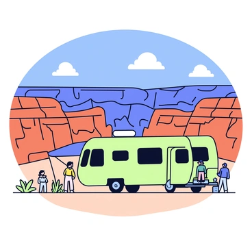 A family motorhome with a light green exterior is parked at a scenic overlook. The motorhome has large windows, and a retractable awning extends outward from its side. In the background, the Grand Canyon stretches out with its rugged cliffs and intricate rock formations, displaying shades of orange, red, and brown. The sky above is bright blue, dotted with a few fluffy white clouds. There are some sparse desert plants scattered around the overlook, and a couple of people are standing near the edge, admiring the breathtaking view.