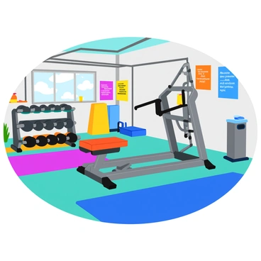A home garage transformed into a gym setting. The space features a lat pulldown machine in the center, with a shiny chrome finish and a thick, padded seat. Surrounding the machine are colorful rubberized floor mats for safety. The walls are adorned with motivational posters featuring fitness quotes. A large window allows natural light to flood the room, illuminating a set of dumbbells lined up on a rack to one side. In the corner, a treadmill is positioned next to a water cooler. The overall atmosphere is energetic and inviting, perfect for workouts.
