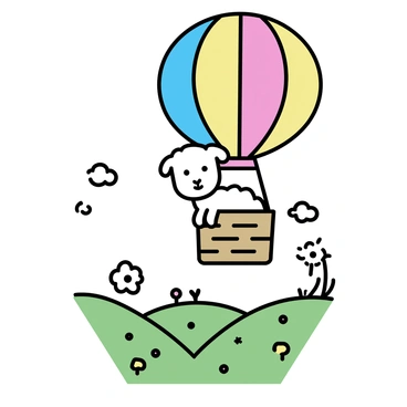 A white lamb with soft wool is sitting in a woven basket of a colorful hot air balloon. The balloon features vibrant patterns in shades of red, blue, and yellow. Below, there are rolling green hills, dotted with patches of wildflowers in various colors. The sky is clear with a few fluffy clouds scattered throughout. The sun casts a warm light on the scene, highlighting the lamb's curious expression as it looks over the edge of the basket.