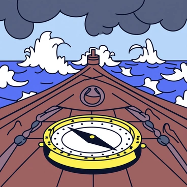 A decorative compass with a round face and intricate designs sits on the weathered wooden deck of a Viking ship. The compass needle points firmly towards the north, surrounded by a brass casing that glimmers in the dim light. The ship's robust, high sides are adorned with Viking carvings, and the deck is scattered with ropes and sail equipment. In the background, towering waves crash against the ship, creating foamy splashes, while dark storm clouds gather ominously overhead. The scene conveys a sense of adventure and determination amidst challenging weather.