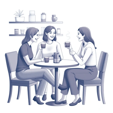 A group of three friends sitting around a small table in a cozy café. Each friend has a steaming cup of coffee in their hands, and they are engaged in lively conversation, smiling and laughing. The table is adorned with a simple centerpiece, possibly a small vase with a single flower. Prominently placed on the table is a portafilter, with freshly ground coffee visible, hinting at the craftsmanship behind their beverages. The background shows shelves lined with coffee-related items and accessories, adding to the ambiance of the café.