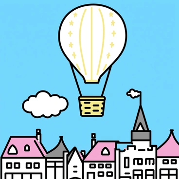 A vintage gas balloon from the 1800s, featuring a large round envelope with intricate patterns and a woven wicker basket hanging below. The balloon is rising into a clear blue sky above an old city, showcasing several historic buildings with ornate architecture. The buildings have red-tiled roofs, tall chimneys, and decorative facades, capturing the essence of a bygone era. Fluffy white clouds drift past the balloon as it ascends.