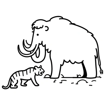 A woolly mammoth with thick, shaggy fur and large curved tusks stands on rocky terrain. Its massive body towers over the ground, with a confident posture and a slightly lowered head. In front of the mammoth, a saber-toothed tiger with long, sharp canine teeth is crouched low, ready to pounce, its sleek fur marked with dark stripes. The tiger's intense gaze is fixed on the mammoth, while the mammoth's eyes express determination. The background features a stark landscape with boulders and sparse vegetation, enhancing the tension of this dramatic moment.
