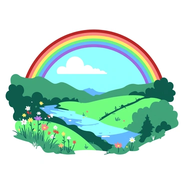 A vibrant rainbow is arching over a landscape filled with lush green hills and a clear blue sky. Below the rainbow, there are patches of wildflowers in various colors, swaying gently in the breeze. The remnants of the storm are visible with a few scattered raindrops glistening on the grass. In the distance, a small, tranquil river reflects the colors of the rainbow. The scene captures the contrast between the stormy past and the bright, hopeful future represented by the rainbow.