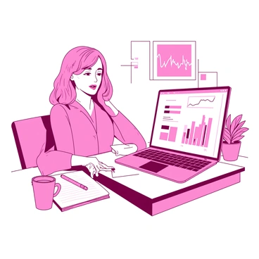 A pink girl boss is sitting confidently at a white desk, focused on developing a digital marketing strategy on her laptop. The laptop screen displays various colorful charts and graphs, representing different data metrics for marketing analysis. The girl is wearing a stylish outfit and has neatly styled hair, with a notebook and a pen beside her. A potted plant adds a touch of green to the scene, and a soft light illuminates the workspace, enhancing the professional atmosphere.