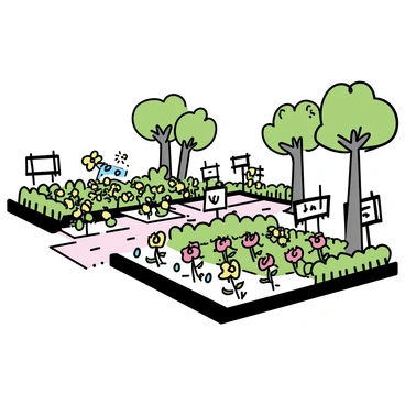 A sprawling main botanical garden featuring a variety of diverse plant species. There are neatly arranged flower beds filled with colorful blooms, including red roses and yellow daisies. Lush green shrubs provide structure and contrast throughout the garden. Pathways of light gravel meander through the space, bordered by low hedges, inviting visitors to explore. Tall trees with thick trunks offer shade, their branches swaying gently in the breeze. Signs with plant names are strategically placed amongst the flora, enhancing the educational aspect of the garden.