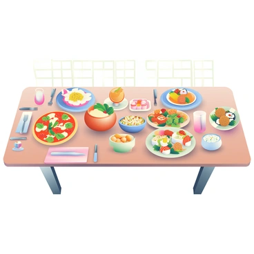 A long wooden table is set in a well-lit dining area. On the table are an array of dishes representing various global cuisines. There is an Italian pizza topped with fresh basil and mozzarella cheese, a spicy Indian curry served in a copper bowl, and a vibrant Mexican taco platter with an assortment of garnishes. A large sushi platter is placed at one end, showcasing colorful rolls and sashimi. Nearby, a creamy Greek salad is presented in a blue ceramic bowl, and fragrant Middle Eastern falafel is arranged on a plate with tahini sauce. Elegant glassware and polished cutlery are set beside each dish, enhancing the inviting atmosphere of the meal.