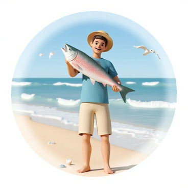 A fisherman, wearing a blue t-shirt, khaki shorts, and a straw hat, stands on a sunny beach. He has a broad smile on his face as he proudly holds up a large, freshly caught snapper fish, its vibrant red and silver scales glistening in the sunlight. The blue ocean waves gently lap at the shore behind him, and a few seagulls can be seen flying in the clear blue sky. The sandy beach stretches out on either side, with a few scattered seashells in the foreground.