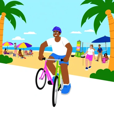 A person with a bright blue helmet is biking leisurely down a bustling beach boardwalk. They are wearing colorful shorts and a light t-shirt, enjoying the warm sun. The boardwalk is lined with palm trees swaying gently in the breeze. In the background, there are people strolling, some sitting on benches, and others playing beach volleyball. Colorful umbrellas dot the sandy beach, and the ocean waves can be seen in the distance, sparkling under the sunlight. The scene is lively, filled with vibrant activity and cheerful expressions.