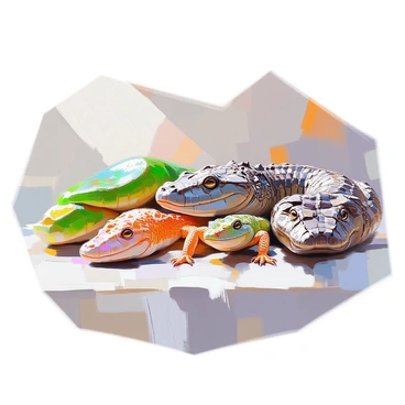 An illustration featuring a collection of various reptile skins displayed side by side. There are bright green scales from a snake, showcasing a glossy sheen, smooth and interlocking textures. A rugged, bumpy alligator skin is included, displaying its thick, dark brown scales with well-defined patterns. The skin of a leopard gecko is represented, exhibiting vibrant orange and yellow hues with intricate spots. A piece of iguana skin is also present, characterized by its leathery, ridged surface in shades of green. The different textures and patterns of each reptile skin are clearly highlighted, allowing for a detailed comparison.