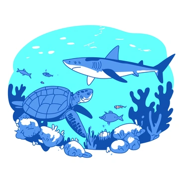 A blue tiger shark with distinct stripes is swimming gracefully through a turquoise underwater landscape. The shark is encountering a large, weathered sea turtle with a rugged shell that shows signs of age. The turtle is gliding slowly, its flippers outstretched, as it approaches the shark. Around them, various coral formations in shades of white provide a home to colorful fish darting between the corals. Light filters down from the surface, creating a gentle illumination in the water.